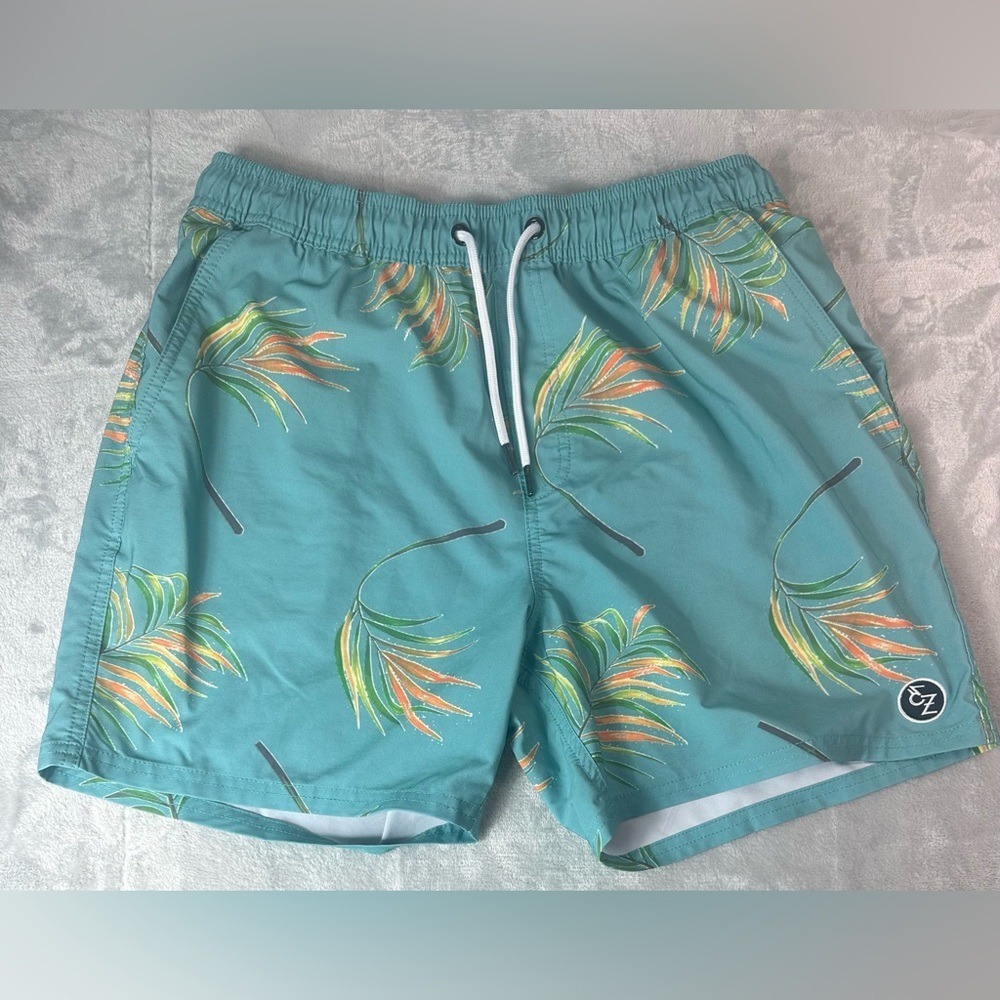 Ezekiel Swim Trunks Size 34 Green Orange Drawstring Liner Floral Tropical Beach